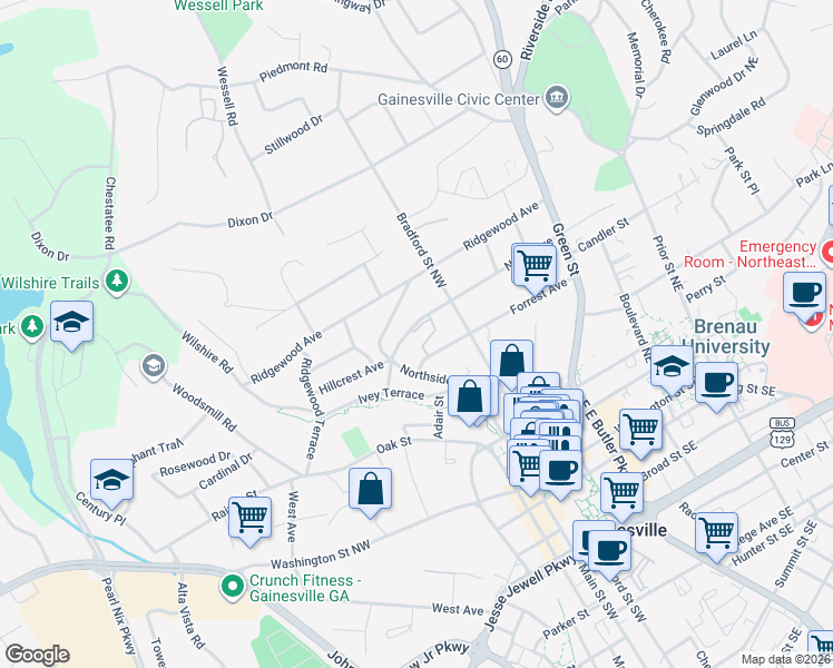 map of restaurants, bars, coffee shops, grocery stores, and more near 512 Northside Drive in Gainesville