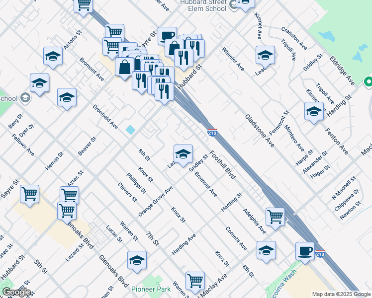 map of restaurants, bars, coffee shops, grocery stores, and more near 12846 Adelphia Avenue in San Fernando