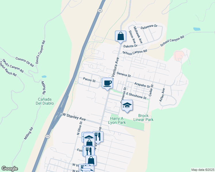 map of restaurants, bars, coffee shops, grocery stores, and more near 2255 North Ventura Avenue in Ventura