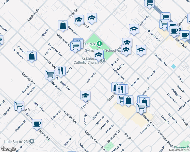 map of restaurants, bars, coffee shops, grocery stores, and more near 14360 Berg Street in Los Angeles