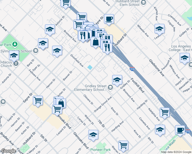 map of restaurants, bars, coffee shops, grocery stores, and more near 2041 8th Street in San Fernando