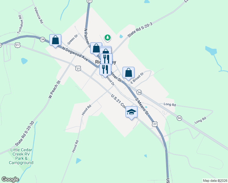 map of restaurants, bars, coffee shops, grocery stores, and more near 275 East Broad Street in Ridgeway