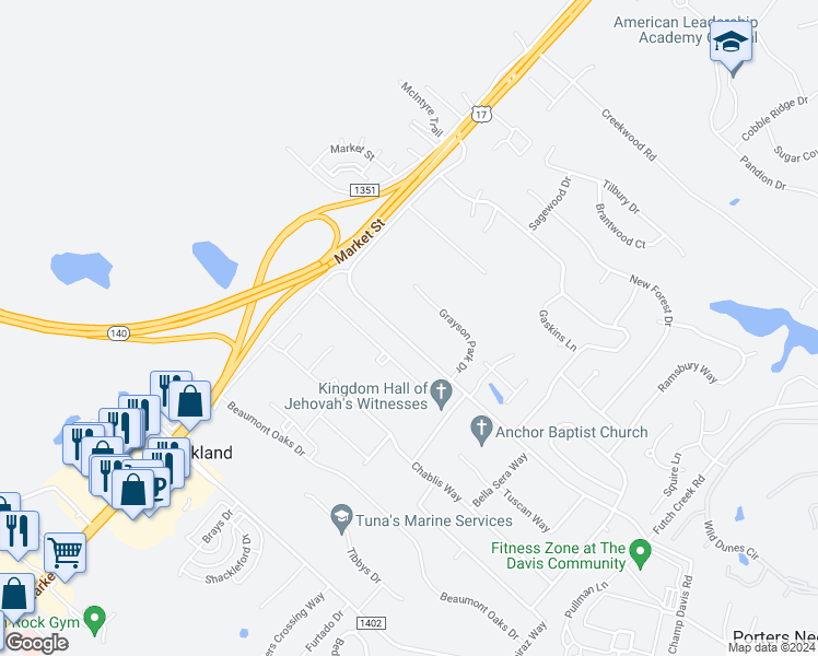map of restaurants, bars, coffee shops, grocery stores, and more near 109 Futch Creek Road in Wilmington