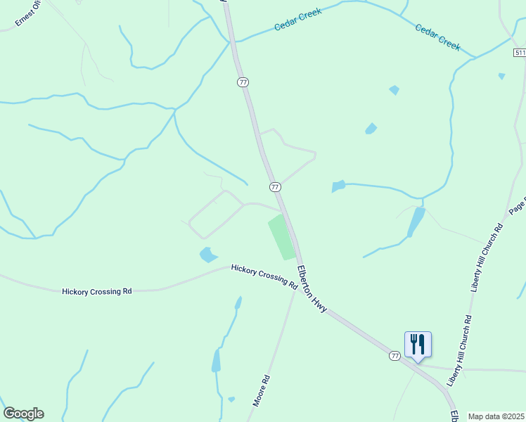 map of restaurants, bars, coffee shops, grocery stores, and more near 77 Cedar Creek Circle in Hartwell