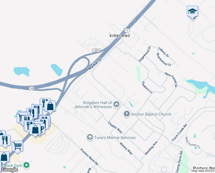 map of restaurants, bars, coffee shops, grocery stores, and more near 109 Futch Creek Road in Wilmington