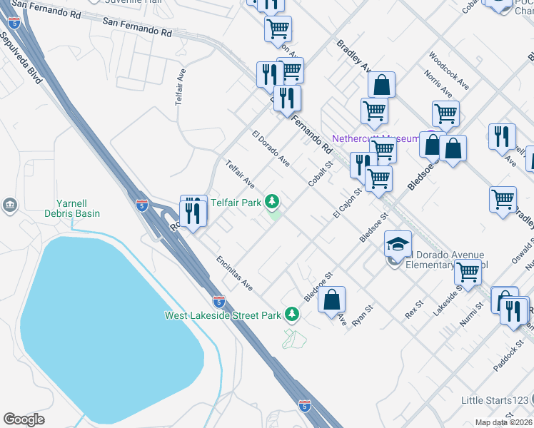 map of restaurants, bars, coffee shops, grocery stores, and more near 15721 Cobalt Street in Los Angeles