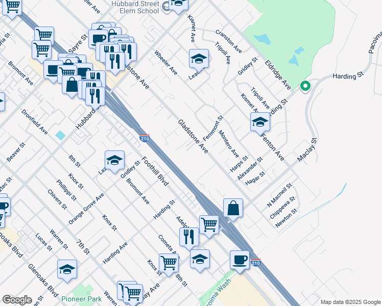 map of restaurants, bars, coffee shops, grocery stores, and more near 12917 Gladstone Avenue in Los Angeles