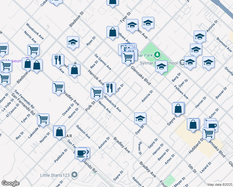map of restaurants, bars, coffee shops, grocery stores, and more near 14594 Lyle Street in Los Angeles