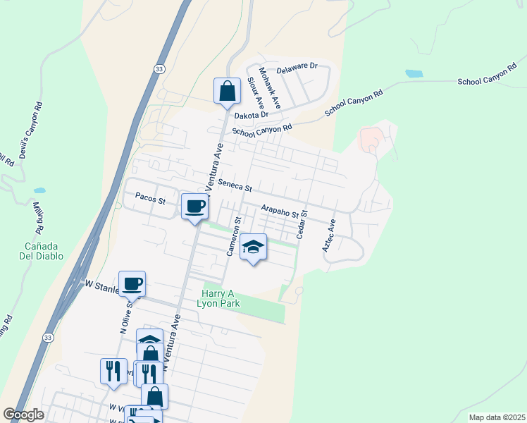 map of restaurants, bars, coffee shops, grocery stores, and more near 236 Seneca Street in Ventura