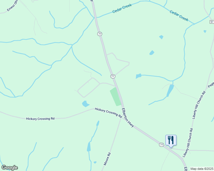 map of restaurants, bars, coffee shops, grocery stores, and more near 77 Cedar Creek Circle in Hartwell