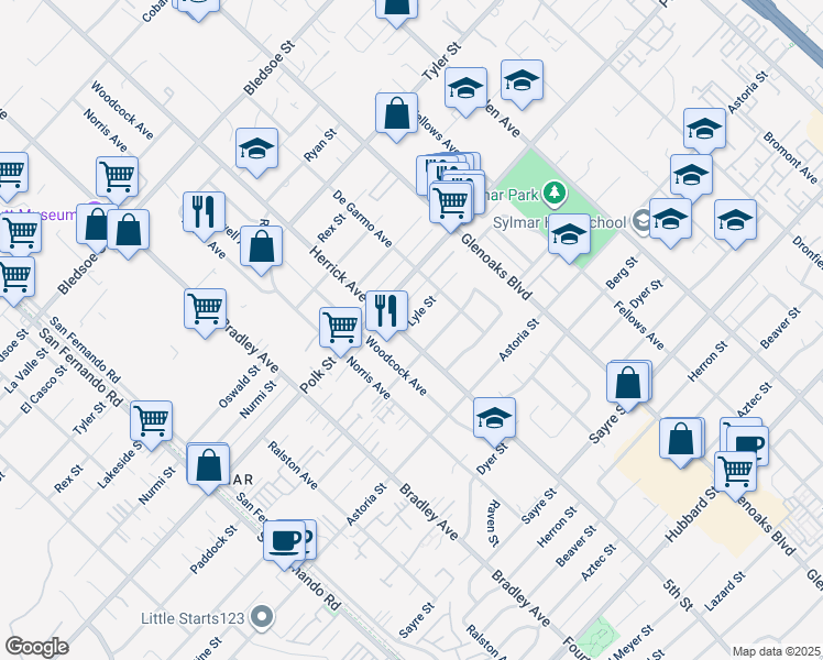 map of restaurants, bars, coffee shops, grocery stores, and more near 14594 Lyle Street in Los Angeles