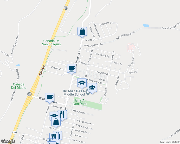 map of restaurants, bars, coffee shops, grocery stores, and more near 2420 Mohican Lane in Ventura