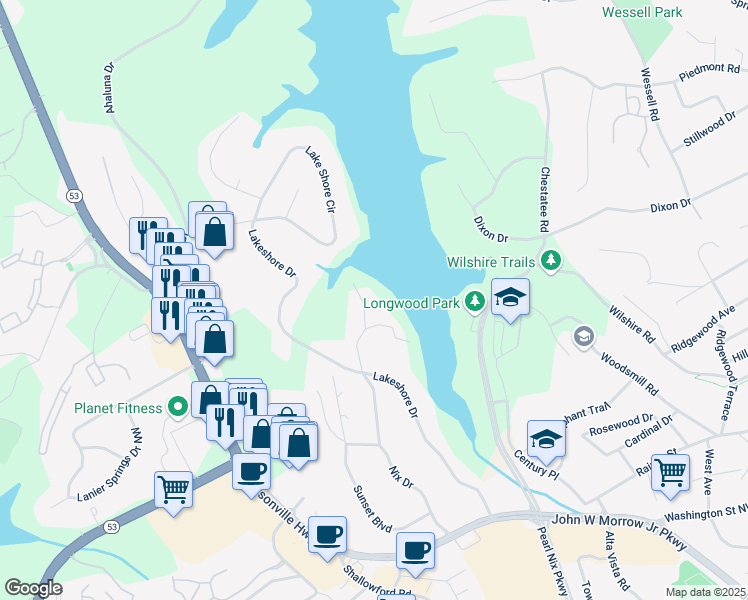 map of restaurants, bars, coffee shops, grocery stores, and more near 1052 Lakemont Drive in Gainesville