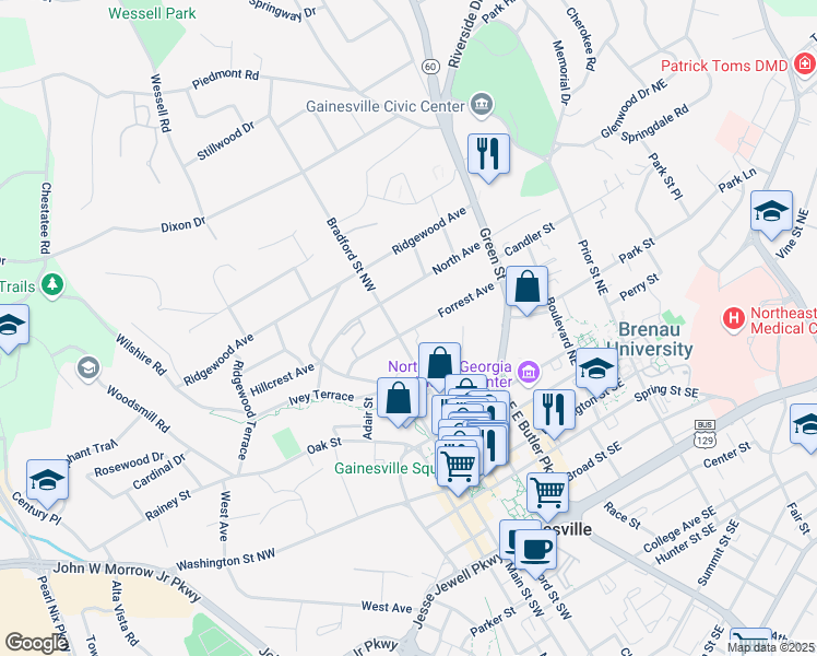 map of restaurants, bars, coffee shops, grocery stores, and more near 372 Forrest Avenue in Gainesville