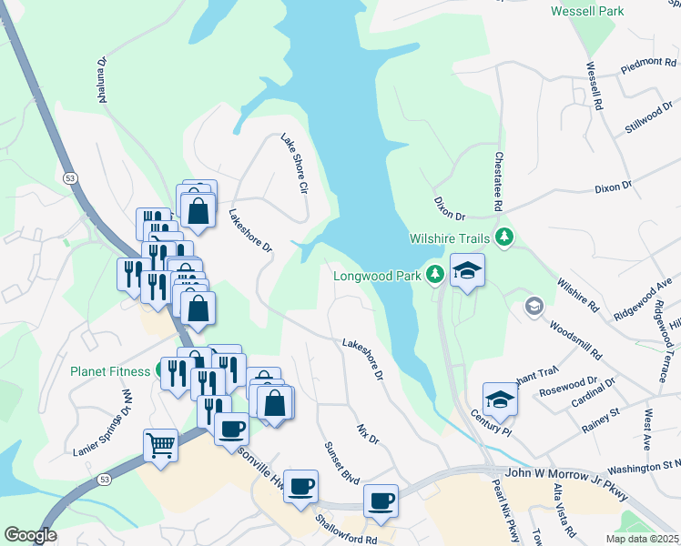 map of restaurants, bars, coffee shops, grocery stores, and more near 1052 Lakemont Drive in Gainesville