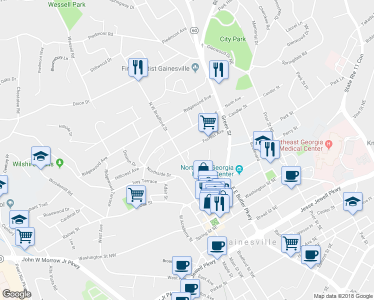 map of restaurants, bars, coffee shops, grocery stores, and more near 423 Forrest Avenue in Gainesville