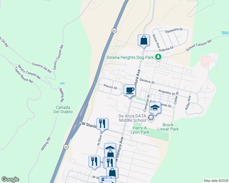 map of restaurants, bars, coffee shops, grocery stores, and more near 160 Pacos Street in Ventura