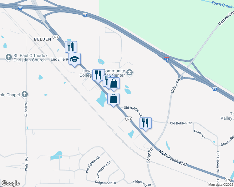 map of restaurants, bars, coffee shops, grocery stores, and more near 3400 McCullough Boulevard in Tupelo