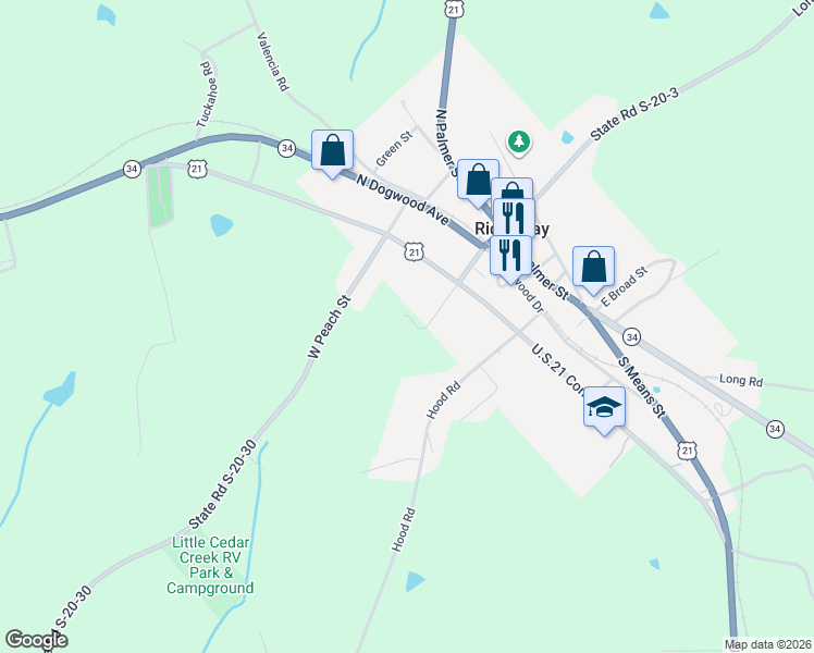 map of restaurants, bars, coffee shops, grocery stores, and more near 385 West Church Street in Ridgeway