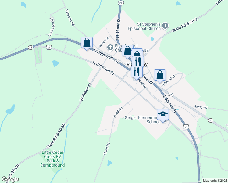 map of restaurants, bars, coffee shops, grocery stores, and more near 355 West Church Street in Ridgeway