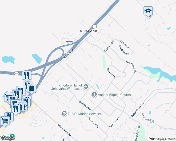 map of restaurants, bars, coffee shops, grocery stores, and more near 8659 Grayson Park Drive in Wilmington