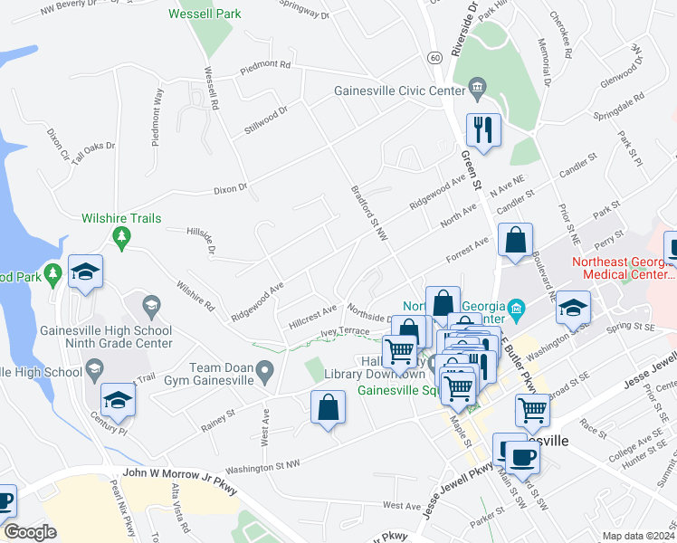 map of restaurants, bars, coffee shops, grocery stores, and more near 563 Northside Drive in Gainesville
