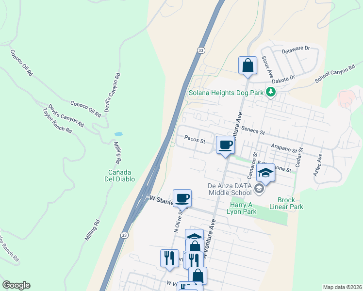 map of restaurants, bars, coffee shops, grocery stores, and more near 314 Pacos Street in Ventura