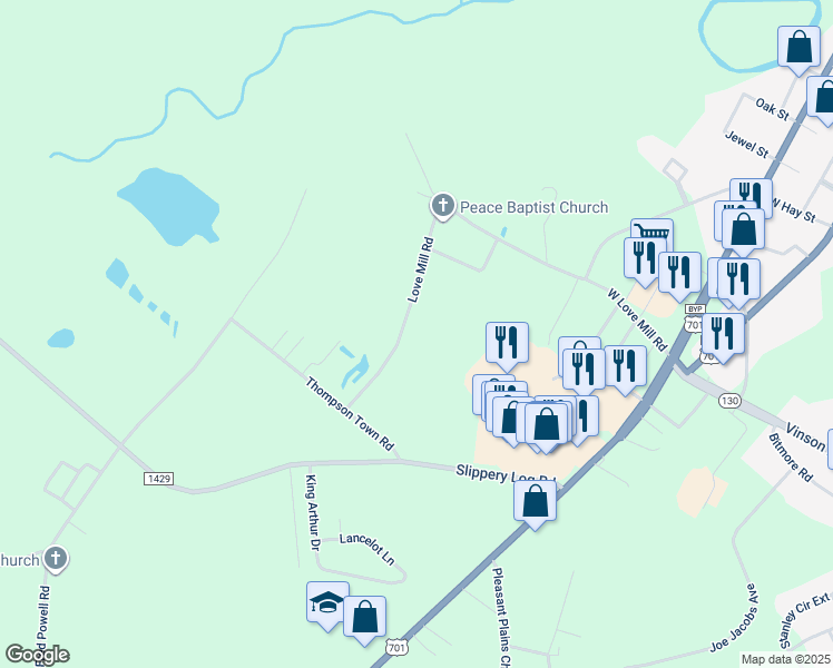map of restaurants, bars, coffee shops, grocery stores, and more near 895 Love Mill Road in Whiteville