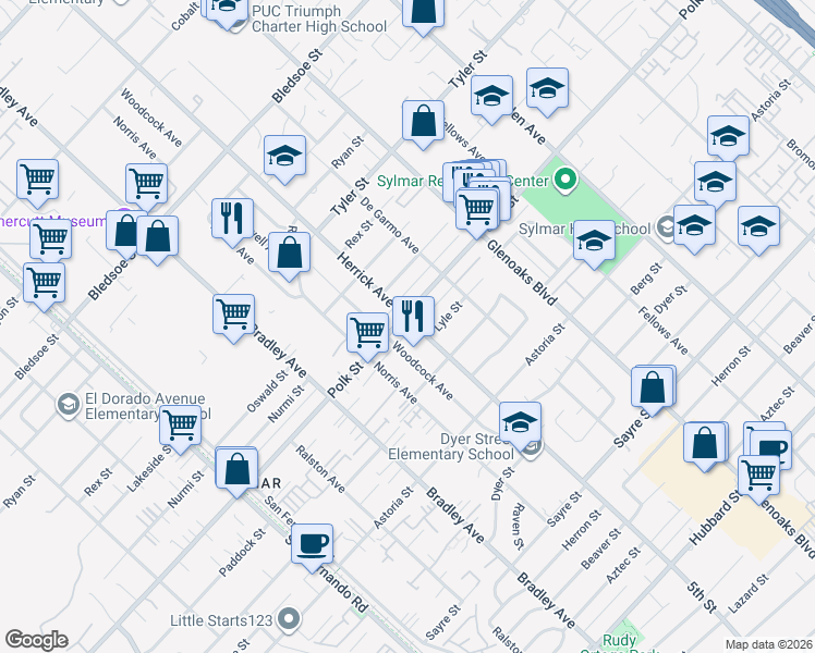 map of restaurants, bars, coffee shops, grocery stores, and more near 14658 Polk Street in Los Angeles