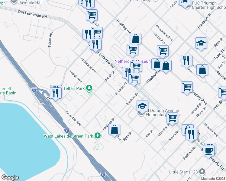 map of restaurants, bars, coffee shops, grocery stores, and more near 12917 El Dorado Avenue in Los Angeles