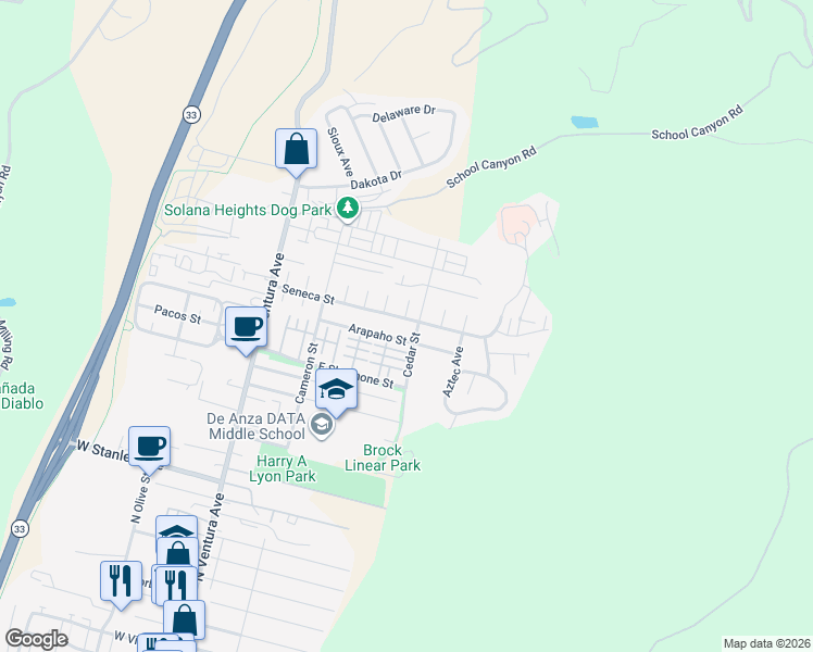 map of restaurants, bars, coffee shops, grocery stores, and more near 2528 Cedar Street in Ventura