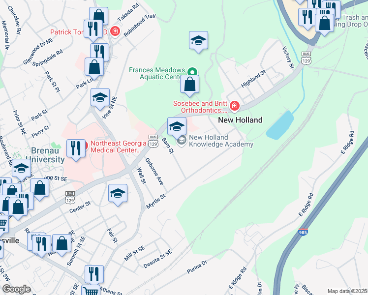 map of restaurants, bars, coffee shops, grocery stores, and more near 170 Barn Street in Gainesville