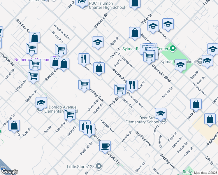 map of restaurants, bars, coffee shops, grocery stores, and more near 12921 Norris Avenue in Los Angeles