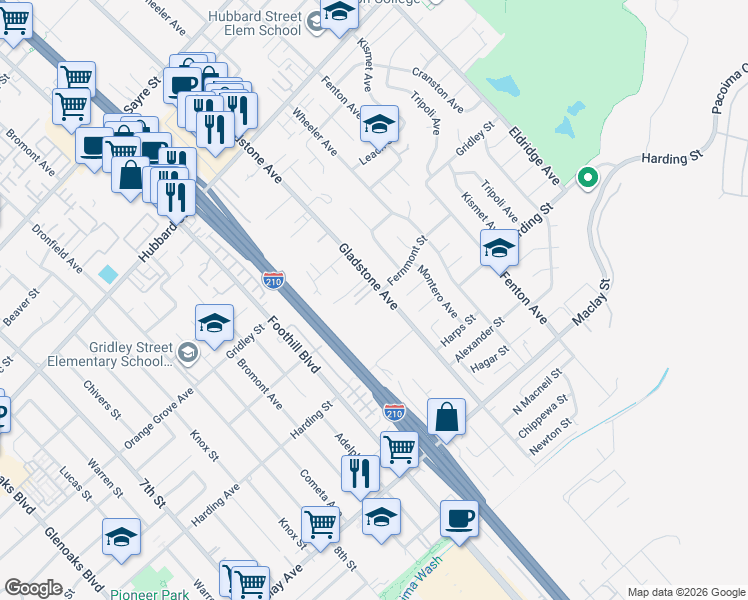 map of restaurants, bars, coffee shops, grocery stores, and more near 12923 Gladstone Avenue in Los Angeles