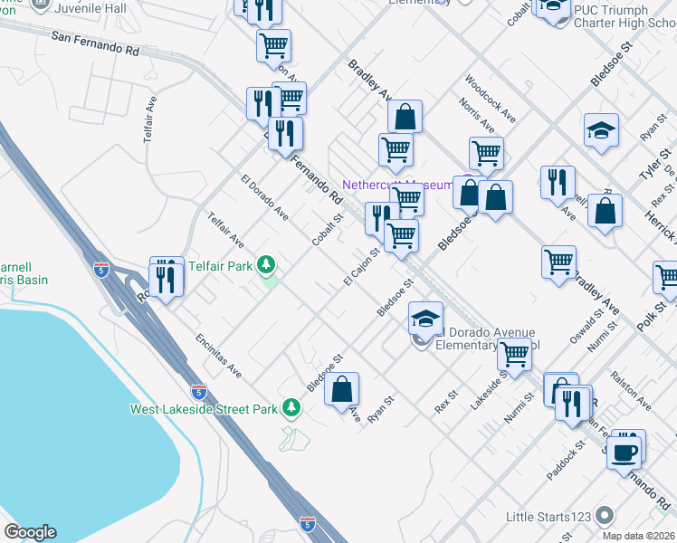 map of restaurants, bars, coffee shops, grocery stores, and more near 12925 El Dorado Avenue in Los Angeles
