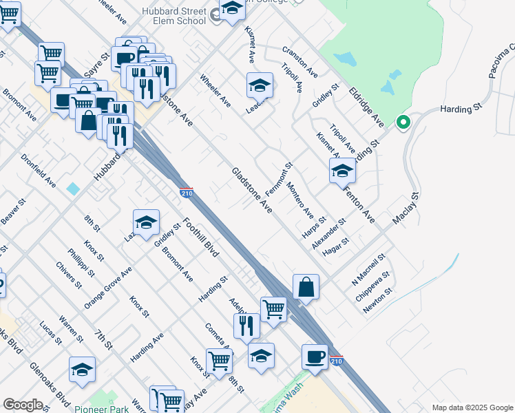map of restaurants, bars, coffee shops, grocery stores, and more near 12917 Gladstone Avenue in Los Angeles