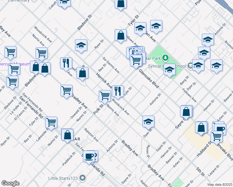 map of restaurants, bars, coffee shops, grocery stores, and more near 14654 Polk Street in Los Angeles