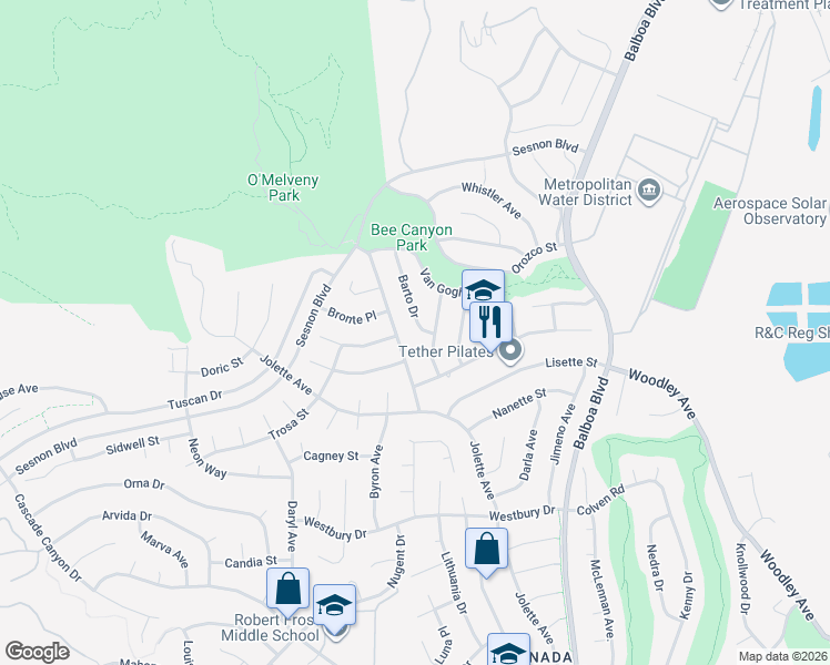 map of restaurants, bars, coffee shops, grocery stores, and more near 12915 Barto Drive in Los Angeles