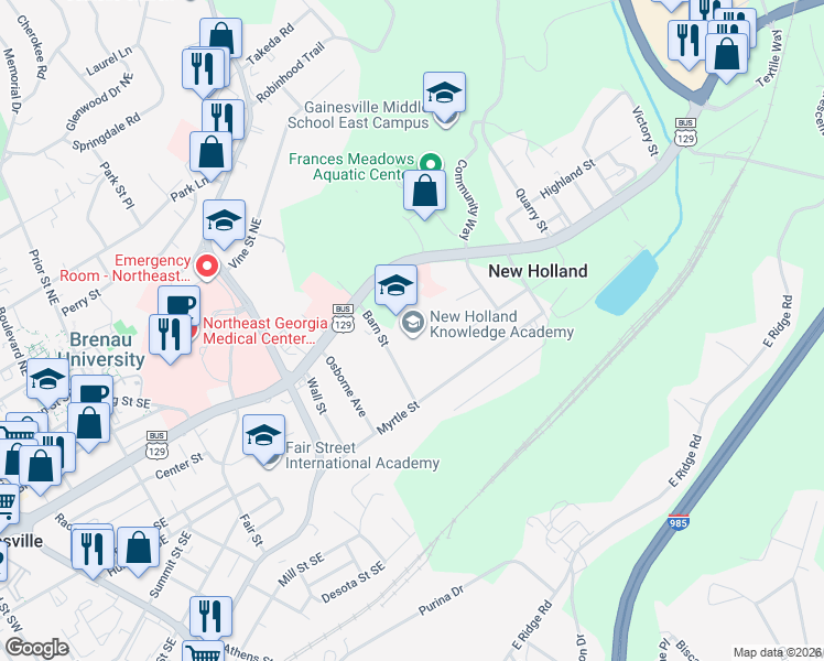 map of restaurants, bars, coffee shops, grocery stores, and more near 170 Barn Street in Gainesville