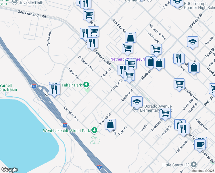 map of restaurants, bars, coffee shops, grocery stores, and more near 12925 El Dorado Avenue in Los Angeles