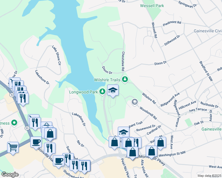 map of restaurants, bars, coffee shops, grocery stores, and more near 830 Century Place in Gainesville