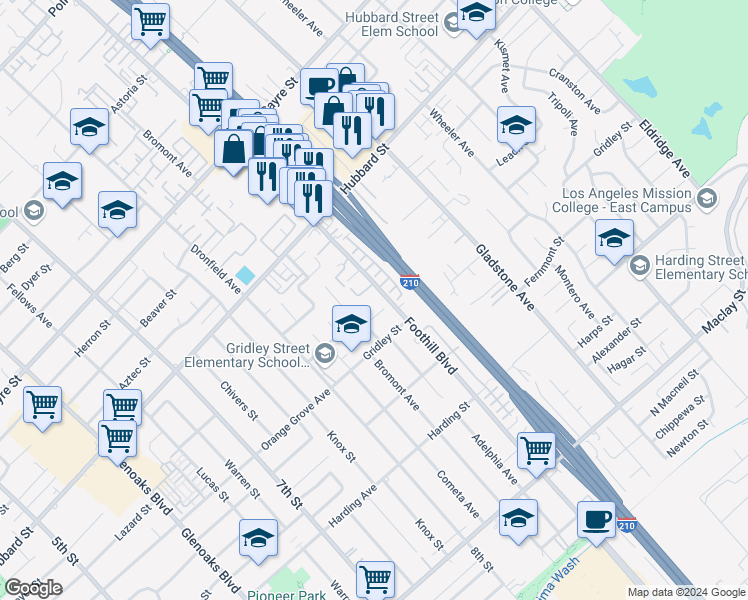 map of restaurants, bars, coffee shops, grocery stores, and more near 13490 Foothill Boulevard in Los Angeles