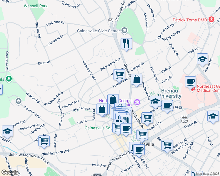 map of restaurants, bars, coffee shops, grocery stores, and more near 372 Forrest Avenue in Gainesville