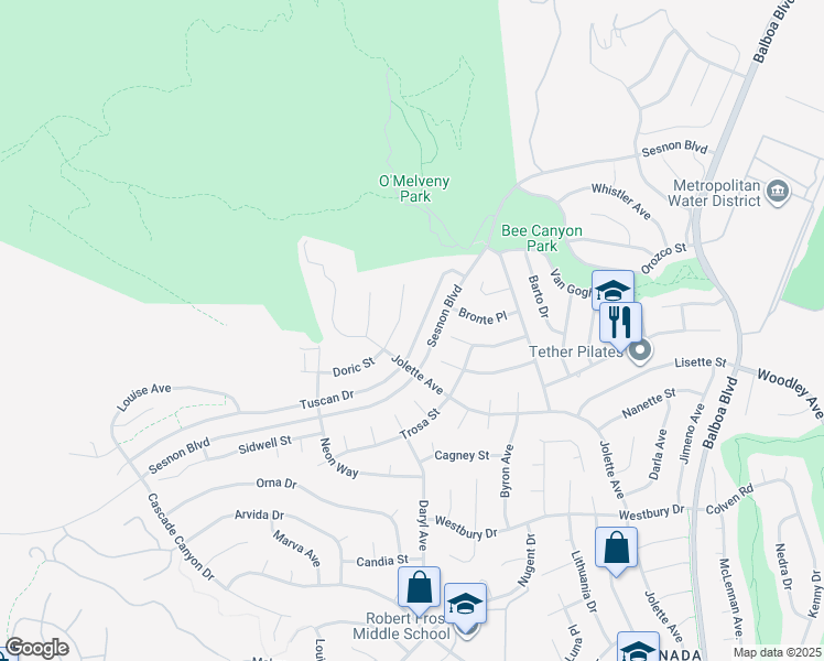 map of restaurants, bars, coffee shops, grocery stores, and more near 17465 Tuscan Drive in Los Angeles