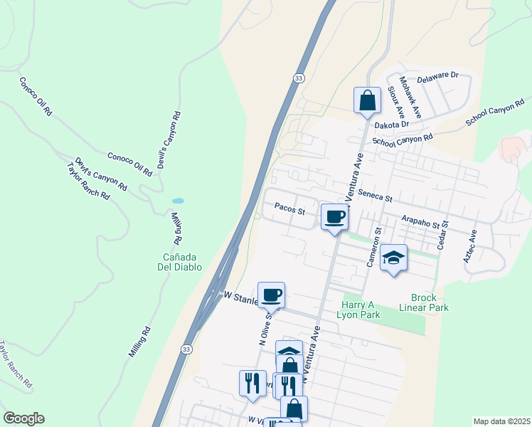 map of restaurants, bars, coffee shops, grocery stores, and more near 2316 Kehala Avenue in Ventura
