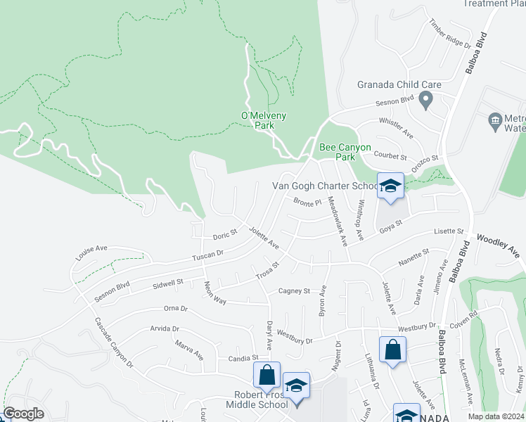 map of restaurants, bars, coffee shops, grocery stores, and more near 17465 Tuscan Drive in Los Angeles