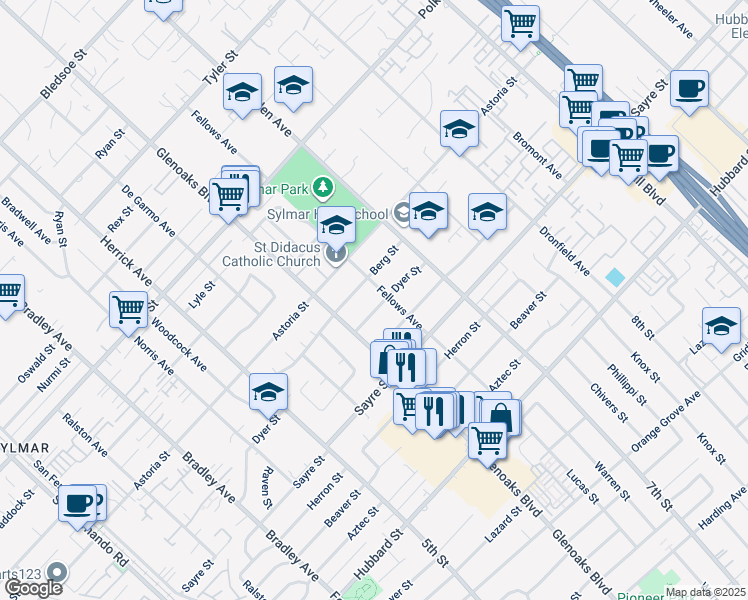 map of restaurants, bars, coffee shops, grocery stores, and more near 14217 Dyer Street in Los Angeles