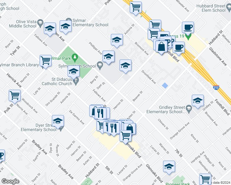 map of restaurants, bars, coffee shops, grocery stores, and more near 14061 Sayre Street in Los Angeles