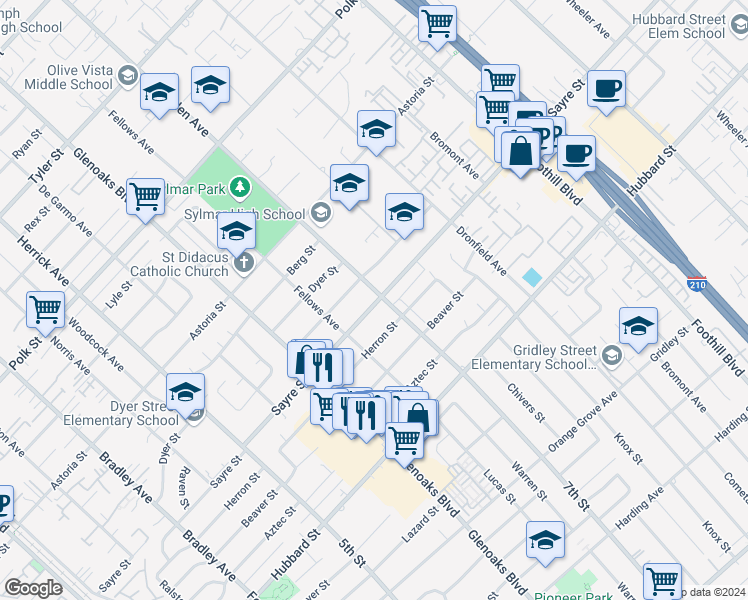 map of restaurants, bars, coffee shops, grocery stores, and more near 14061 Sayre Street in Los Angeles