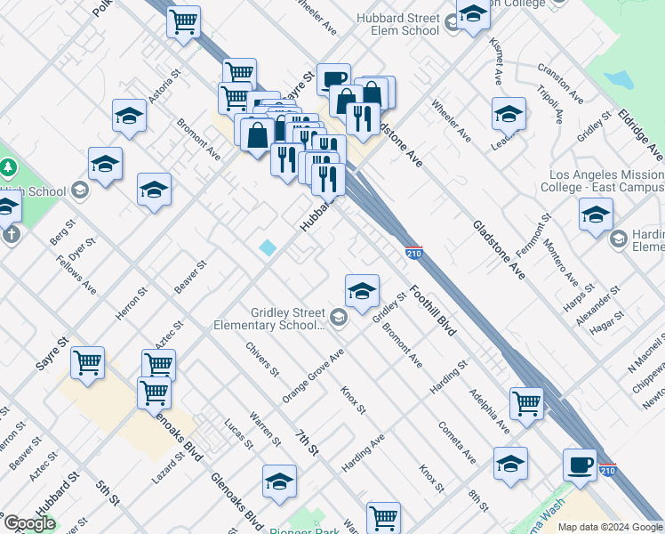 map of restaurants, bars, coffee shops, grocery stores, and more near 12874 Bromont Avenue in San Fernando
